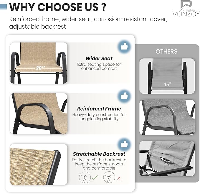 Patio Dining Chairs Set of 4, Outdoor High Stacking Chairs for All Weather, Breathable Seat Fabric and Alloy Steel Frame for Backyard, Porch, Garden (Brown)