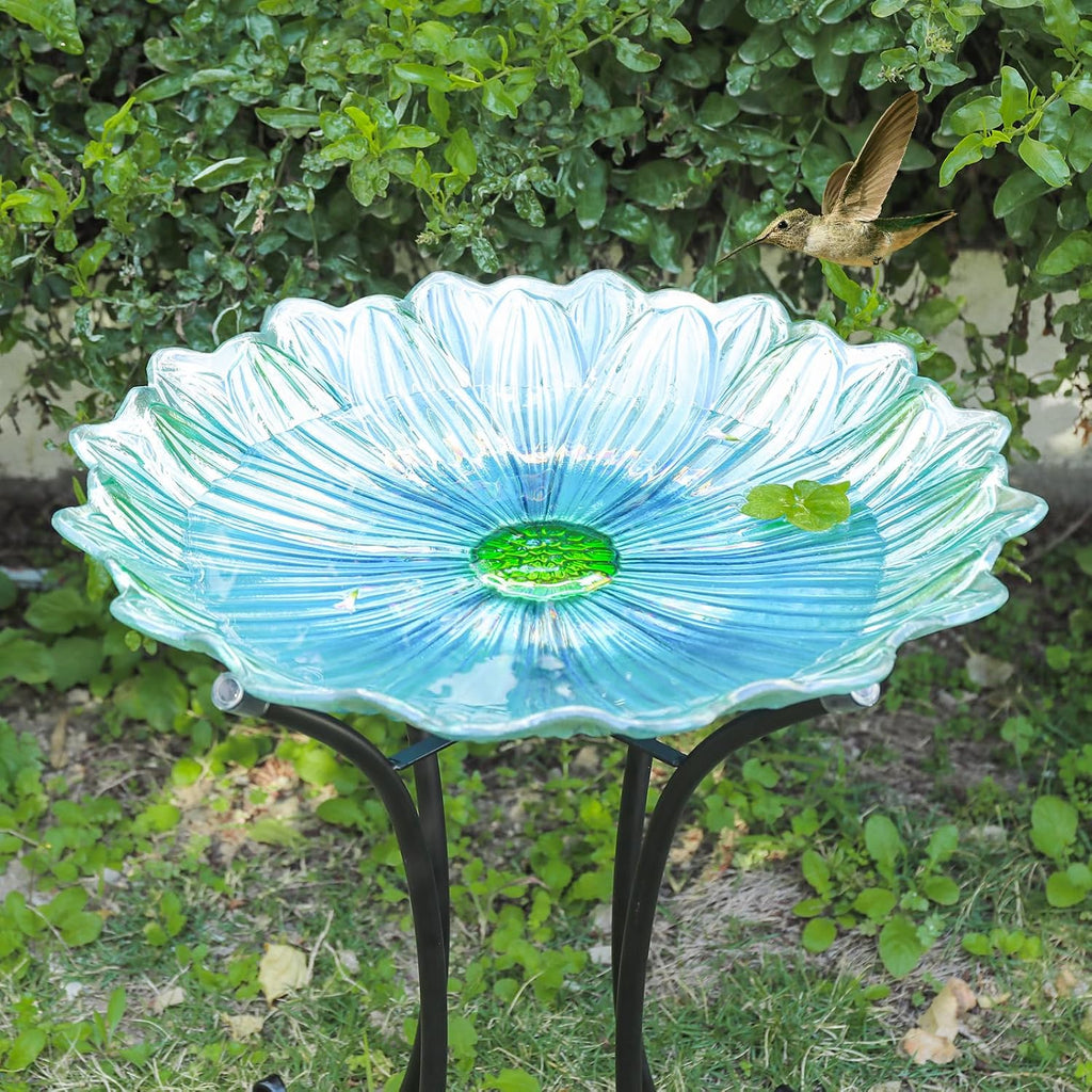 MUMTOP Outdoor Glass Bird Bath with Metal Stand for Yard Garden Decor, Blue | 18 Inch Diameter 21 Inch Height Outdoor Large Blue Flower Bird Baths Bowl for Backyard Lawn Garden Decoration