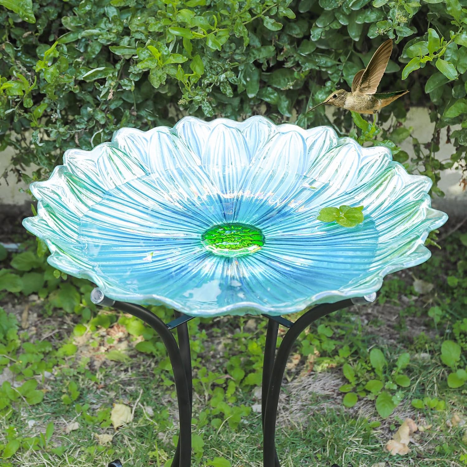 MUMTOP Outdoor Glass Bird Bath with Metal Stand for Yard Garden Decor, Blue | 18 Inch Diameter 21 Inch Height Outdoor Large Blue Flower Bird Baths Bowl for Backyard Lawn Garden Decoration