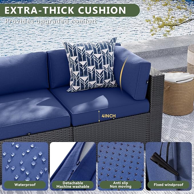 Aoxun 7 Piece Patio Furniture Set Wicker Rattan Patio Sectional Sofa Set Outdoor Seating Furniture with Thickened Cushion, Navy Blue