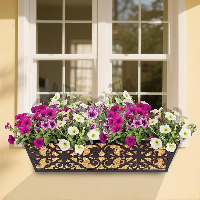 2 Pack 24 Inch Window Boxes Planters Railing Planter Box with Adjustable Brackets & Coco Liners Fabric Plant Grow Bags Deck Railing Planter Boxes Balcony Hanging Flower Box for Outdoor Plants
