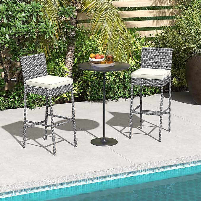 HAPPYGRILL Patio Wicker Barstools Set of 4, Outdoor Bar Height Chair w/Soft Seat Cushion & Cozy Footrest, Heavy-Duty Metal Frame, 400 lbs Max Load, Rattan Armless Bar Chairs