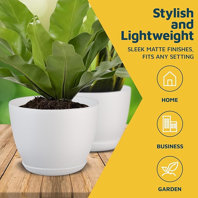 White Plant Pots with Drainage Holes & Saucers 15 Pack, Indoor & Outdoor Stackable Space-Saving Planters for Houseplants & Flowers, (7", 6.7", 6", 5.3", and 4.8" Inches), Durable & Weatherproof