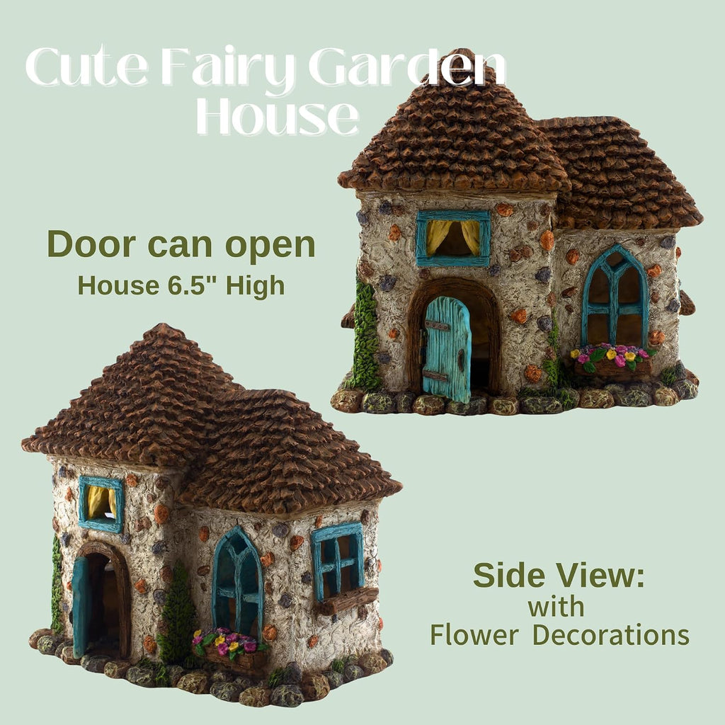 Fairy Garden House Kit & Sign | Hand-painted resin pinecone roof design; 2 fairies included; door opens; 6 inches high; outdoor indoor miniature decor
