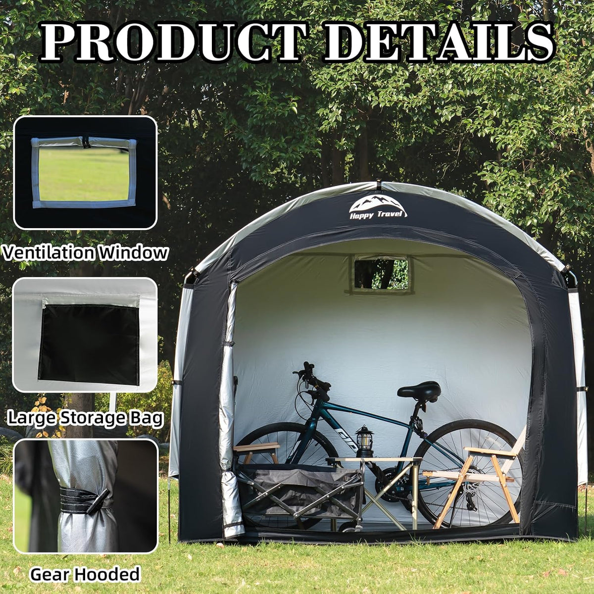 happy travel outdoor waterproof bike storage tent shed, side view