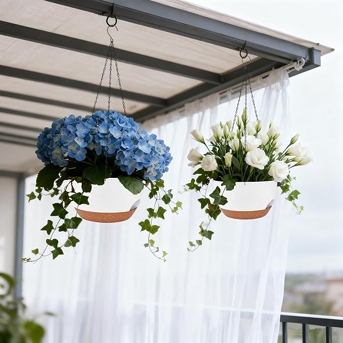 Set of 4-8 Inch Self Watering Hanging Planters for Indoor Outdoor，Hanging Plant Pots with Drainage & Removable Tray, Hanging Pots Holder for Ivy, Pothos, Ferns, Balcony & Patio, White Brown