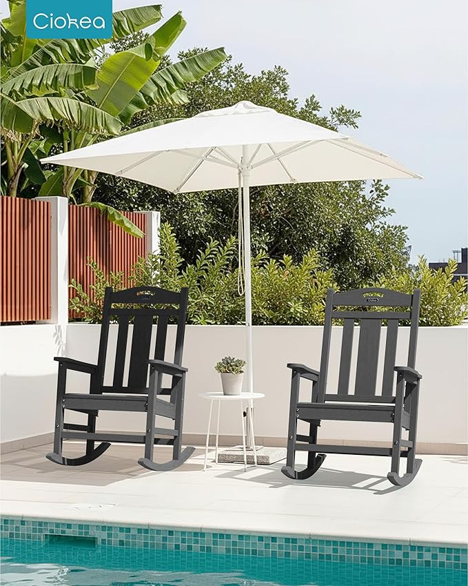 Ciokea Oversized Outdoor Rocking Chairs Set of 3, 380lbs Heavy-Duty Large Patio Rocker, High Back Cozy Porch Chairs, Weather Resistant Patio Rocking Chairs for Outside, Fire Pit, Deck, Dark Grey