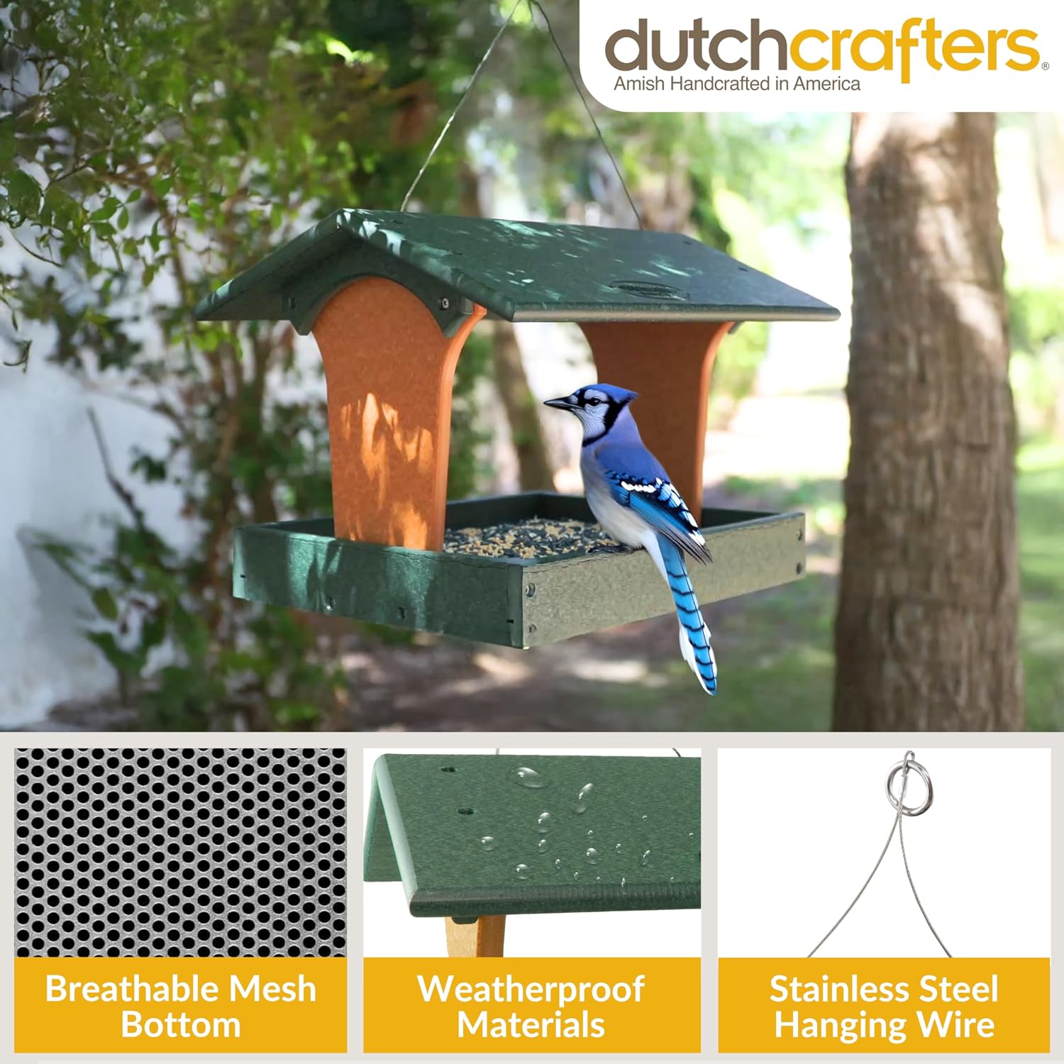 DutchCrafters Plastic Poly Covered Roof Hanging Fly Through Bird Feeder Open Side Platform Seed Tray for Outside Outdoor Garden - Amish American Made in USA (Turf Green & Cedar)