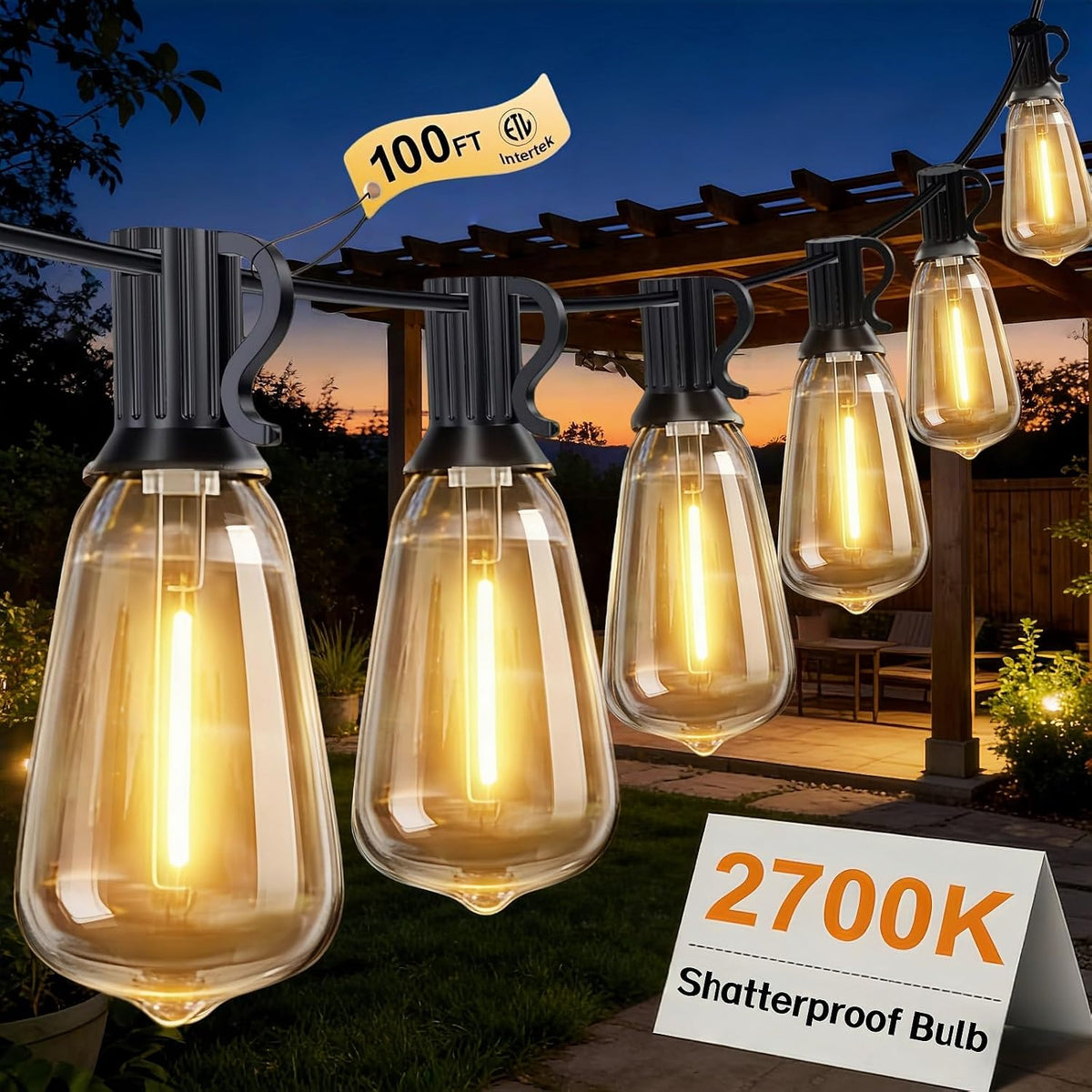 100ft outdoor string lights, ip45 waterproof patio lights, main product view