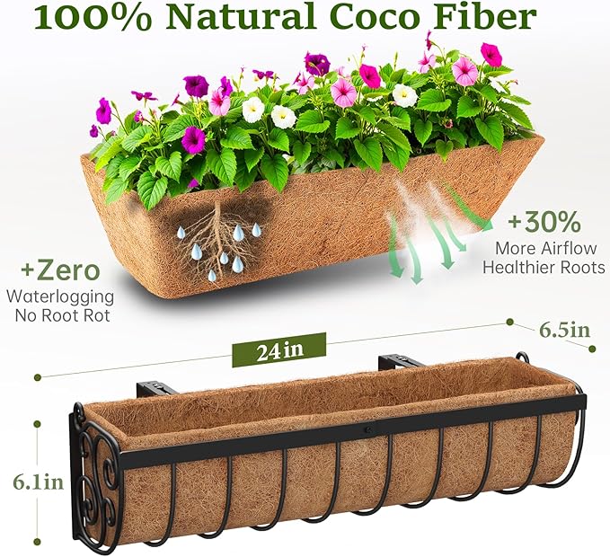 Railing Planter Boxes, 24 Inch Window Boxes Planters, Balcony Planters with Adjustable Brackets & Coco Liner & Support Rod for Outdoor Fence, Deck, Porch, and Patio Gardening, 3 Pack