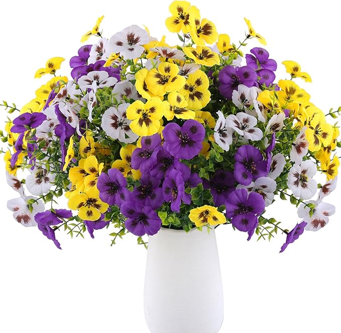 36 Pcs Artificial Fake Pansy Flowers for Outdoor, Faux Silk Pansies Spring Flowers for Outside for Planter Front Door Porch Yard Patio Window Box Home Decor (36, Purple, Yellow, White)