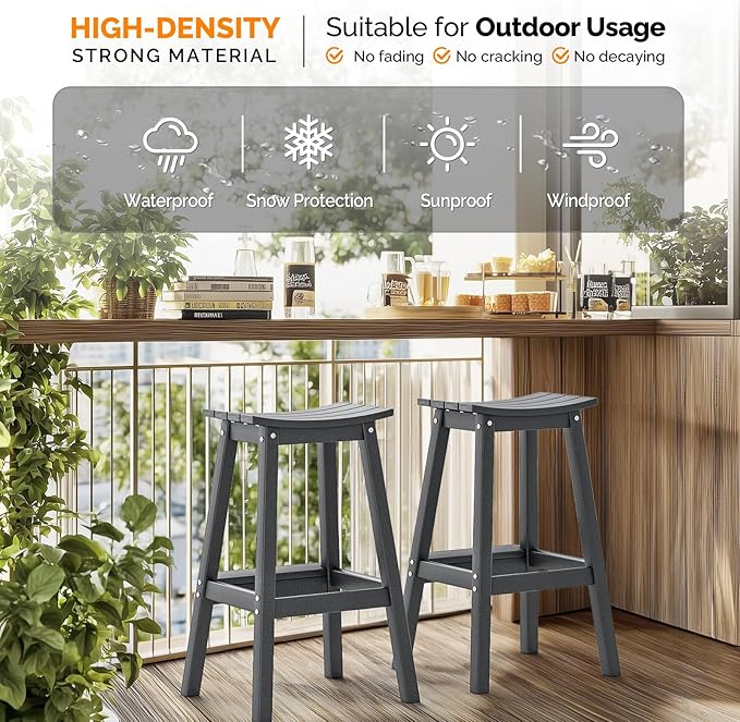 VINGLI 29" Outdoor Bar Stools Set of 2, HDPE Poly Lumber Bar Chairs with Footrest, Weather Resistant Patio Barstools for Bar, Kitchen Counter, Yard (Gray, 29 Inch 2 PC)