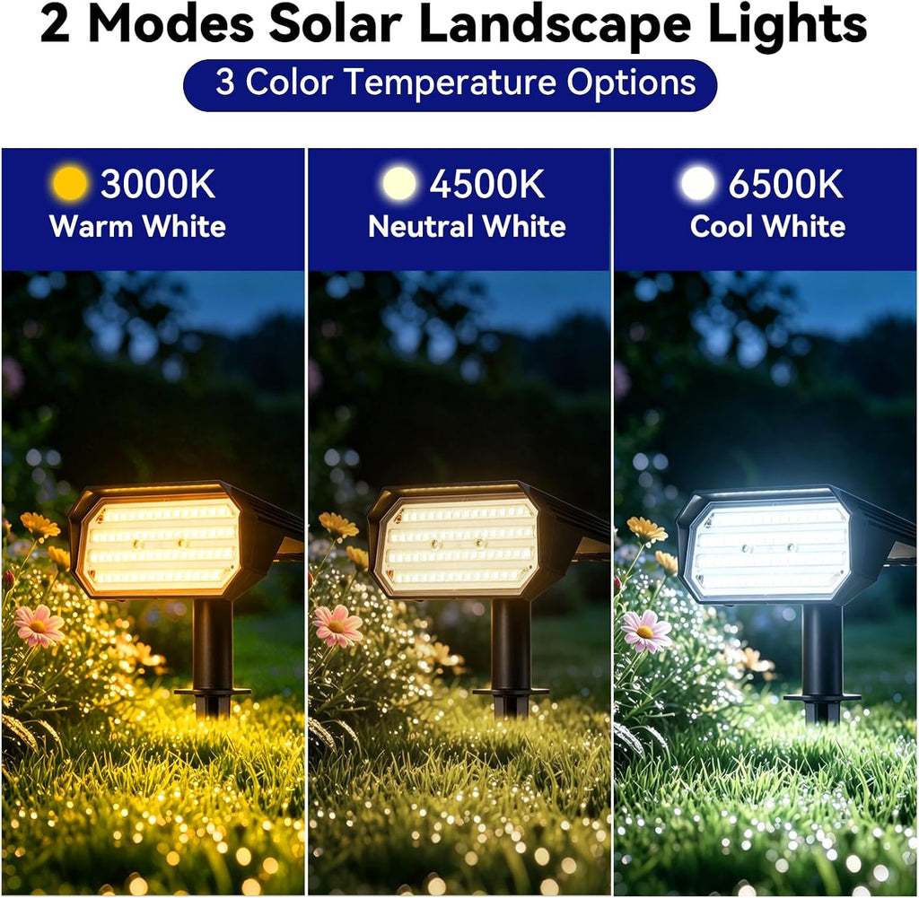 62 LED Solar Spotlights Outdoor Waterproof IP65, 3 Color 2700K/4500K/6500K & 2 Brightness, Auto-Brightness Adjustment, Solar Spot Lights Outdoor, Solar Garden Lights, 2000mAh Battery - 4 Pack