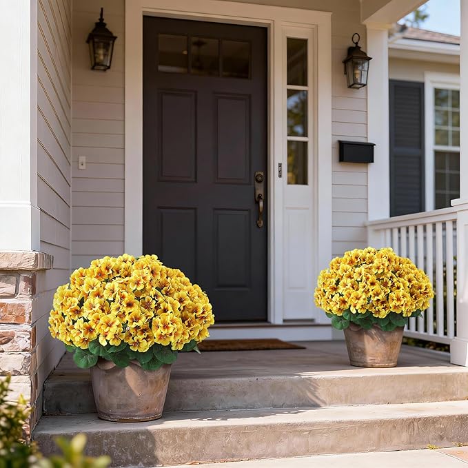 2 Pack Artificial Geranium Flowers Topitary Trees for Outdoors, UV Resistant Geraniums Potted Bushes Look Real Silk Faux Plants for Front Door Garden Porch Planter Farmhouse Home Decor (Yellow)