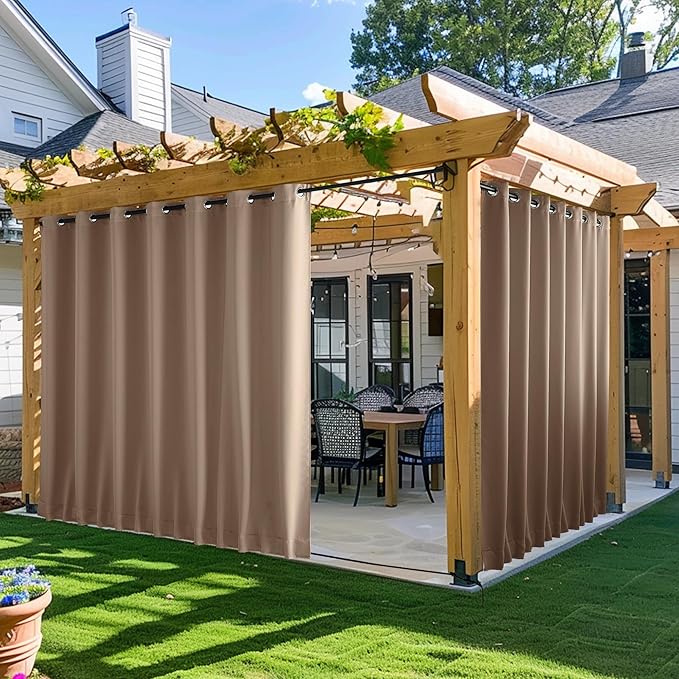 NICETOWN 2 Panels Outdoor Curtains for Patio Waterproof & Windproof, Extra Wide Grommet & Back Tab on Top & Bottom Thermal Insulated Sun Blocking Drapes with Rope for Gazebo, Tan, W100 x L108