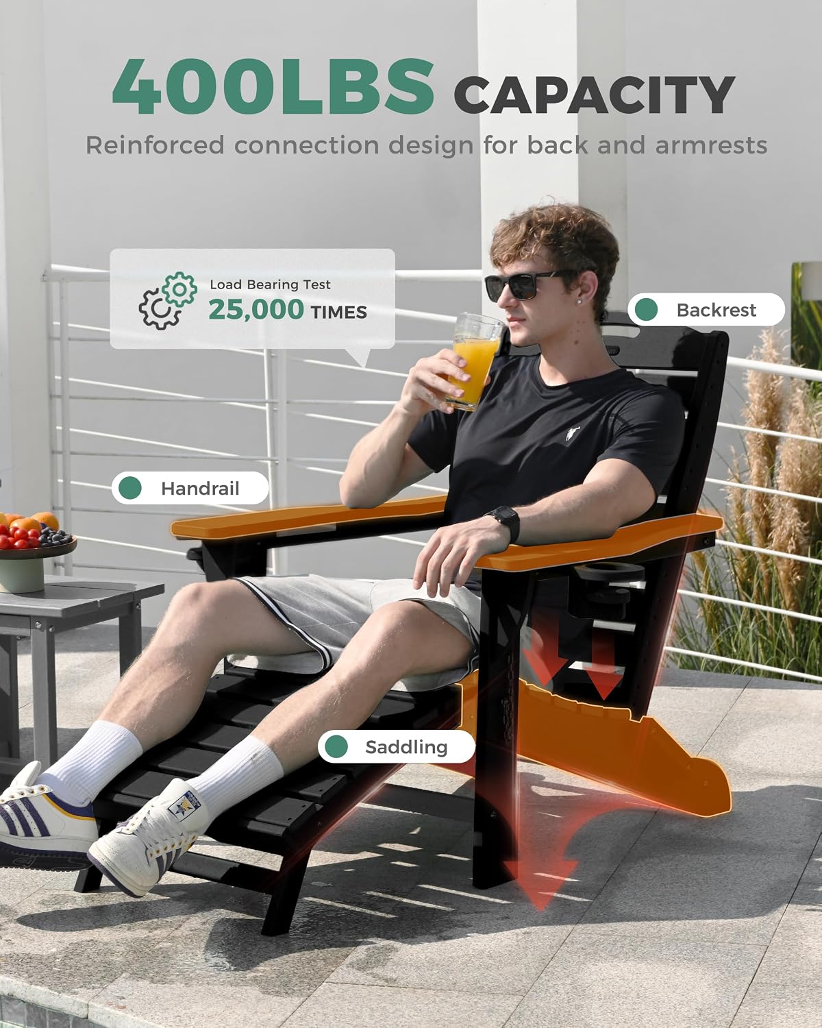 Folding Adirondack Chair with Retractable Ottoman Weather Resistant Fire Pit Chair Patio Chair with 2 Cup Holder Lawn Outdoor Lounge Chair (Black)