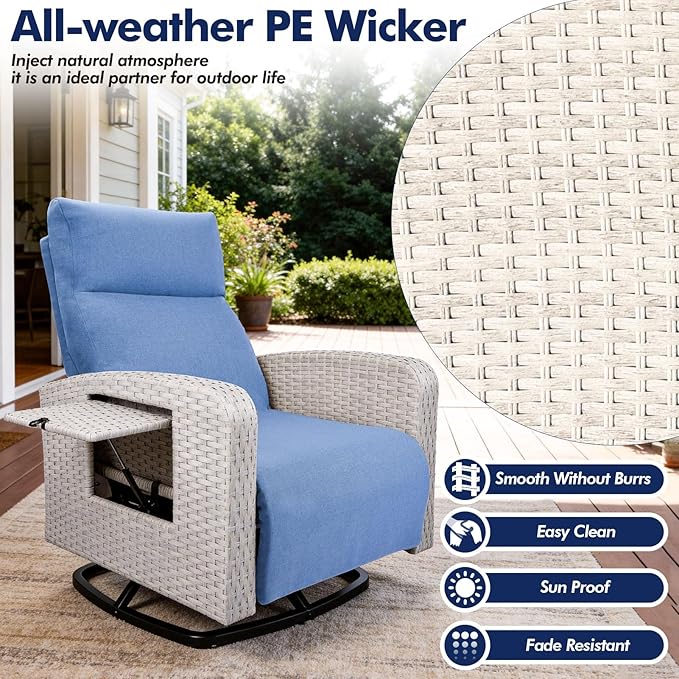 Outdoor Recliner Chair Set of 2, Wicker Patio Recliners with Adjustable Backrest and Extended Foot Rest, Reclining Patio Chairs with Flip Table & Removable Cushion Cover for Porch