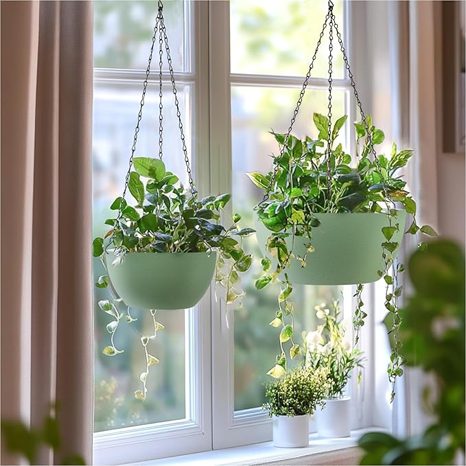 T4U 8 Inch Hanging Planter for Indoor Plants, 2 Pack Small Pots with Drainage Holes, Flower Basket Plant Holder for Home, Green