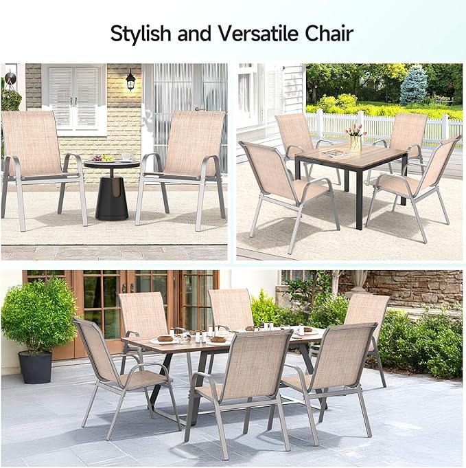 Patio Chairs Sset of 4, Easily Set Up Stackable Outdoor Dining Chairs with High Back and Wide Seat, All Weather Breathable Outdoor Chairs Set of 4 with Metal Frame for Backyard Deck Pool, Beige