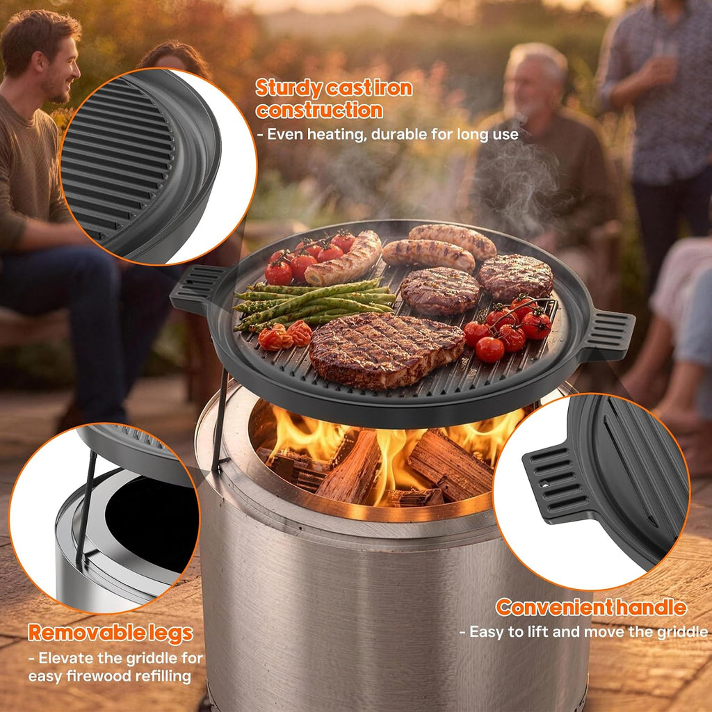 onlyfire Cast Iron Griddle Pan for Solo Stove 15" Ranger Fire Pit | Double Sided Reversible Grilling Pan with Detachable Legs, Extends Cooking Space for Outdoor Camping