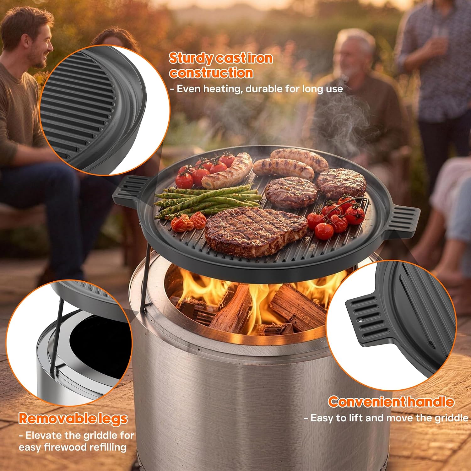 onlyfire Cast Iron Griddle Pan for Solo Stove 15" Ranger Fire Pit | Double Sided Reversible Grilling Pan with Detachable Legs, Extends Cooking Space for Outdoor Camping