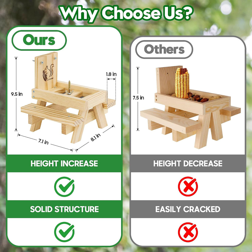 Squirrel Feeder for Outside and Garden, Funny Squirrel Picnic Table Feeder with Corn Cobs Holder and Peanut Tray, Quick Assembly Required