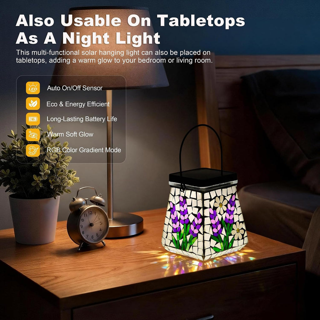 SAVENNA Mosaic Solar Lantern,Handcrafted Glass Outdoor Hanging or Table Lantern,600mAh Long Lasting Garden Light for Patio, Yard & Outdoor Decor– Lavender Pattern