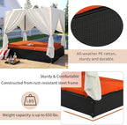 Patio Chaise Lounge, PE Rattan Outdoor Patio Wicker Sunbed Daybed with Adjustable Seats, Four-sided Canopy, Overhead Curtain and Orange Cushions for Backyard, Garden, Poolside (for 2-6 people)