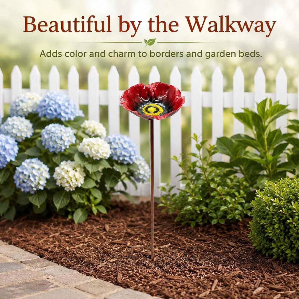 Flower Bird Bath and Feeder, 24.8-Inch Outdoor Metal Stake (Rose red) | Flower-shaped bowl holds water or seed; 3-section metal stake installs tool-free with a stable H-style ground base.