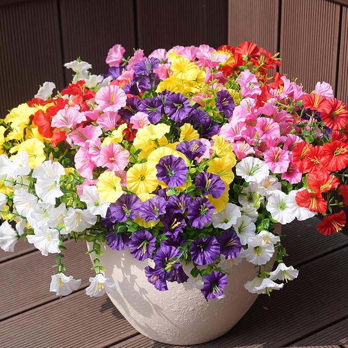 Artificial Flowers for Outdoors, UV Resistant Fake Silk Morning Glory, Realistic Faux Plants for Outside Porch Patio Window Box Hanging Planter (12, Purple White Yellow Pink Red)