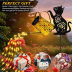Solar Lights Outdoor Decorative, Watering Can with Cascading Lights, with Cat Silhouette Garden Stakes, Gifts for Mom Women, Waterproof Metal Garden Decor for Yard Art, Outside, Patio, Lawn Ornaments