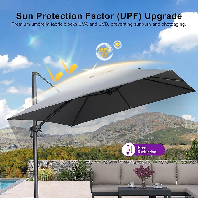 PURPLE LEAF Patio Umbrella 10' X 10' Rectangle Cantilever Umbrella Large Aluminum Outdoor Umbrellas with 360-degree Rotation & UPF40+ Premium Fabric for Deck Pool Garden Yard, Mist Grey