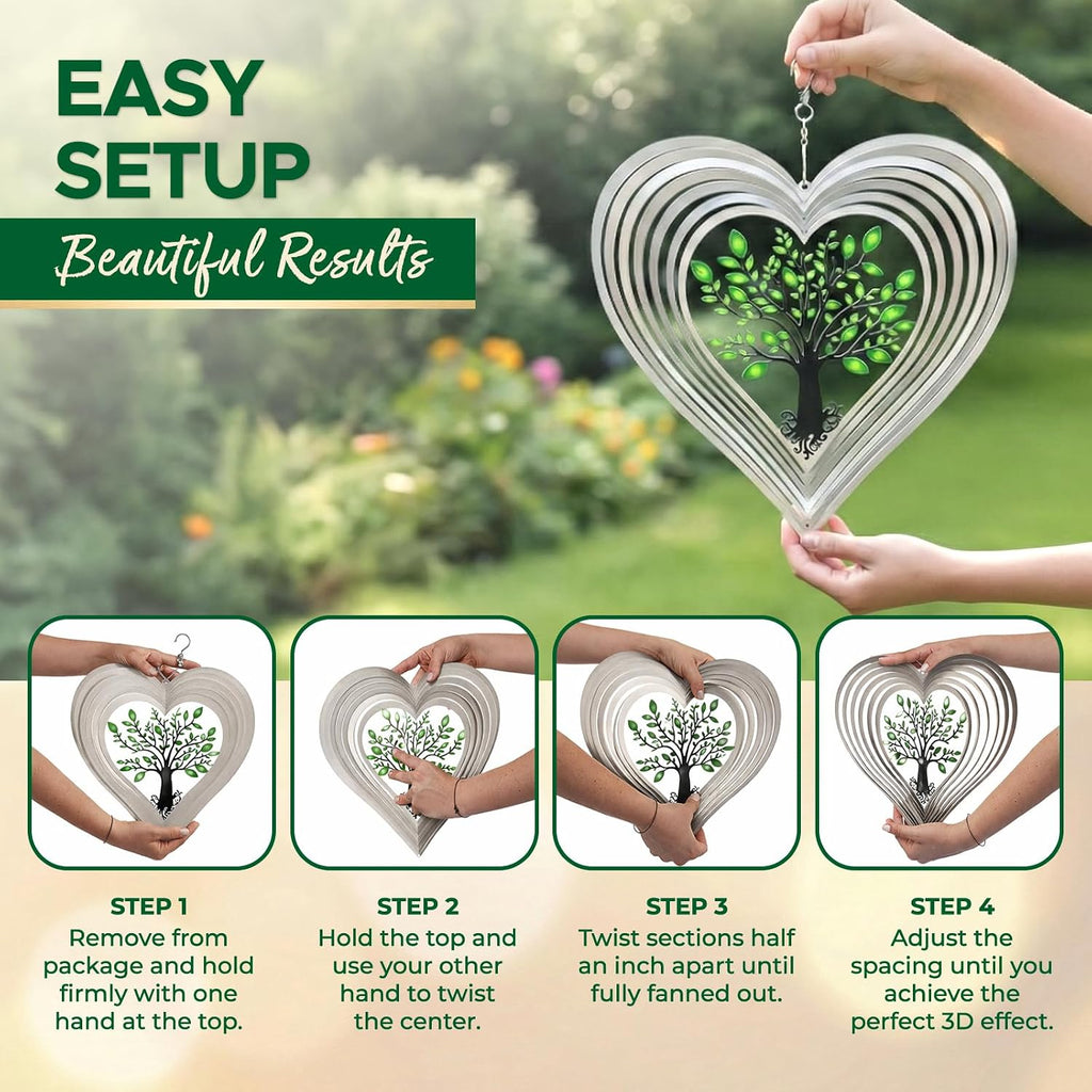 ISEO Silver Heart Wind Spinner Outdoor, 12 Inch Tree of Life Hanging Garden Decor, 3D Metal Yard Art for Porch Patio Balcony, Gift for Women Mom Grandma