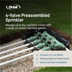 Orbit 57257 4-Valve Preassembled Sprinkler Manifold – Easy Install, Smart Controller Compatible, Works with PVC & Poly Pipe, Includes 4 in-Line Valves