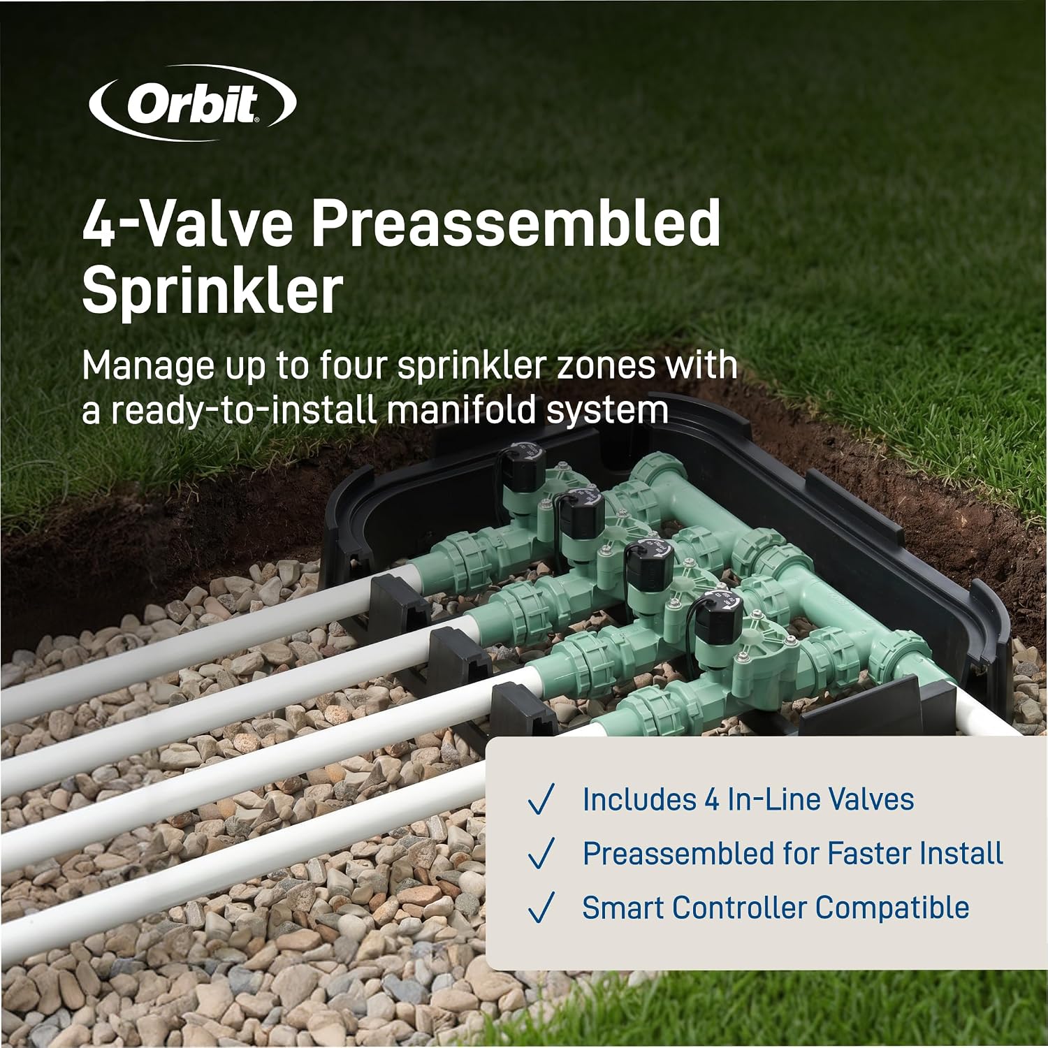 Orbit 57257 4-Valve Preassembled Sprinkler Manifold – Easy Install, Smart Controller Compatible, Works with PVC & Poly Pipe, Includes 4 in-Line Valves