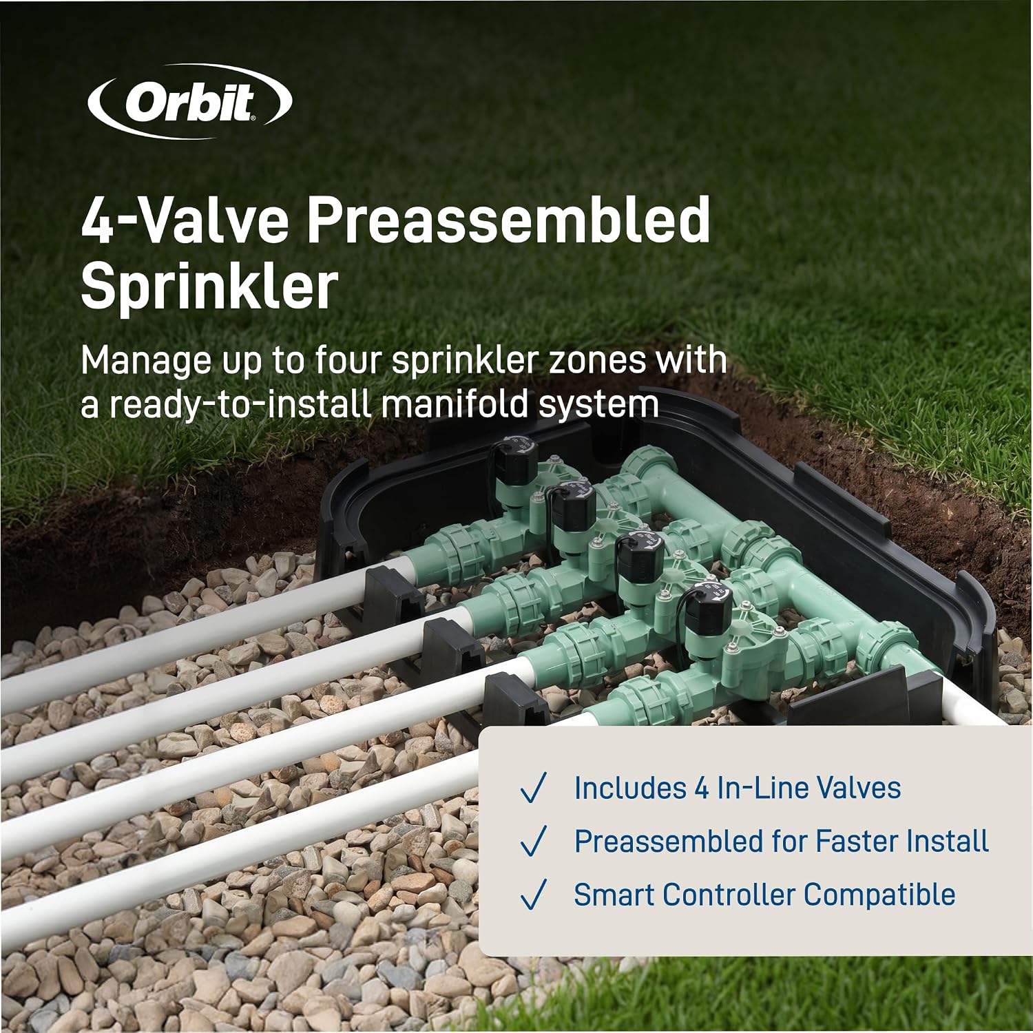 Orbit 57257 4-Valve Preassembled Sprinkler Manifold – Easy Install, Smart Controller Compatible, Works with PVC & Poly Pipe, Includes 4 in-Line Valves