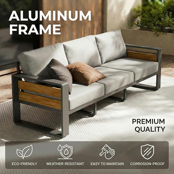 ZANDOR Outdoor Patio Conversation Sets, 4-Piece Aluminum Metal Outside Sectional Lawn Furniture with Coffee Table & Washable Thick Cushions,Seating Sofa for Garden/Backyard/Porch, Grey