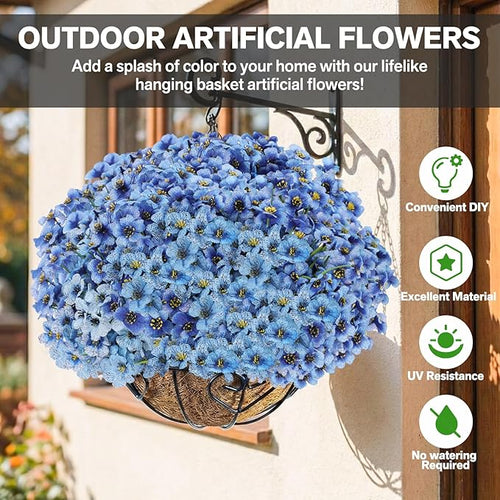 22 Pack Artificial Flowers Outdoor Fake Plants, Faux Flowers UV Resistant with Plastic Plants, Faux Silk Flowers for Outdoors Outside Front Porch Hanging Planter Window Box Garden Decoration(Blue)