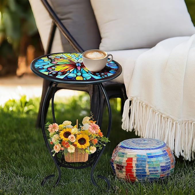LIFFY Outdoor Side Table, 14" Round Mosaic Patio Table with Glass Butterfly Tabletop, 21" Height 2-Tier Indoor Small Decorative Plant Stand & End Table with Metal Frame for Home, Garden, Yard