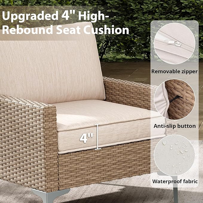 Jing's Villa 2-Piece Outdoor Sectional Set, All-Weather Wicker Patio Furniture with Loveseat & Tempered Glass Table, Comfortable Garden Conversation Set for Backyard, Poolside, Deck,Beige