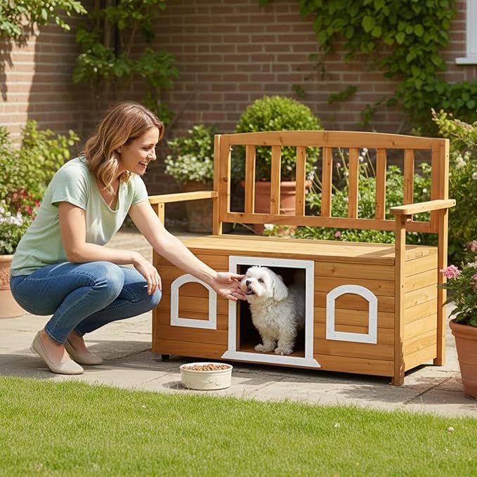VINGLI Outdoor Storage Bench with Built-in Dog House, 2-in-1 Outdoor Waterproof Patio Bench with Pet Kennel for Patio Backyard Porch (Natural)
