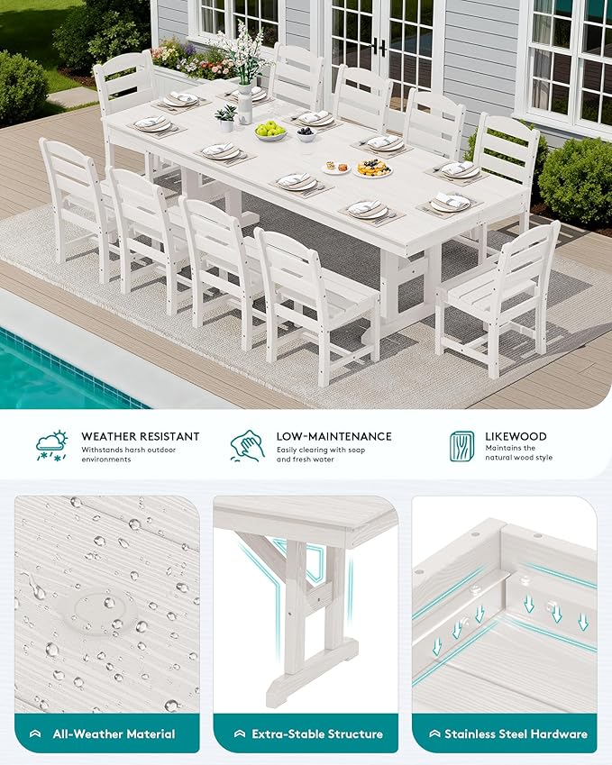 SERWALL Outdoor Dining Table, 84" Rectangular Dining Table for 6-10 Person, All Weather HDPE Outdoor Furniture for Backyard, Garden, White