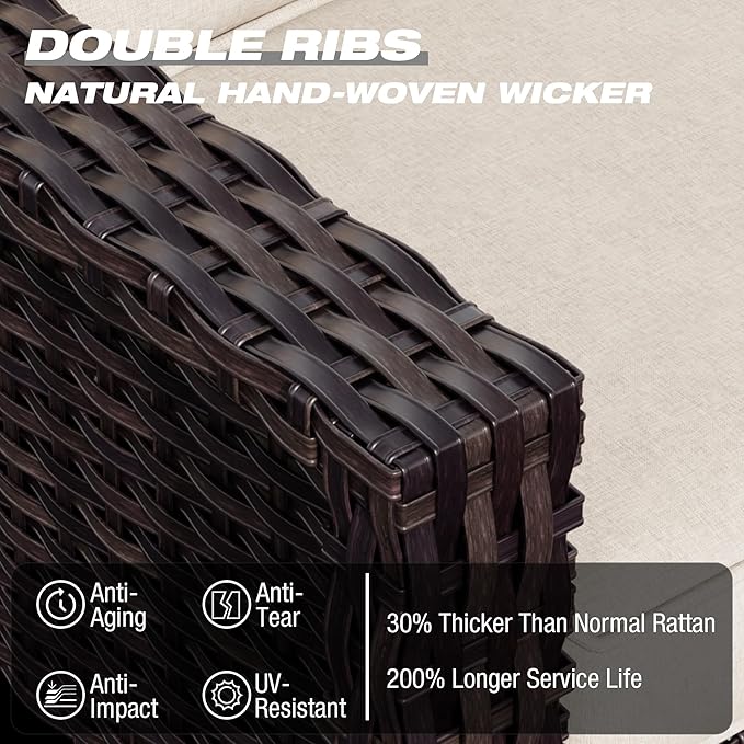 Joyside Wicker Patio Furniture Sets, 10 Pieces Upgraded Large Size Outdoor Furniture with 4 Swivel Rocking Patio Chairs, 3-Seat Sofa, Outdoor Ottoman, Thick Cushions, Wide Armrest, Beige