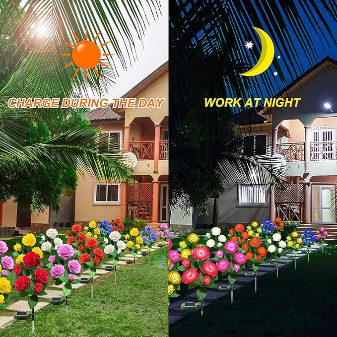 Solar Flower Lights Outdoor - Upgraded New Material Two Modes Realistic LED Solar Powered Waterproof Lights with 5 Roses, Solar Decorative Stake Lights for Garden (Red, 1 Pack)