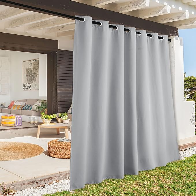 RYB HOME Outdoor Curtains Waterproof - Sun Blocking Curtains Privacy Shades for Garage Patio Door Window Porch Pergola Outdoor Shower, W 100 inches x L 84 inches, 1 Panel, Light Grey