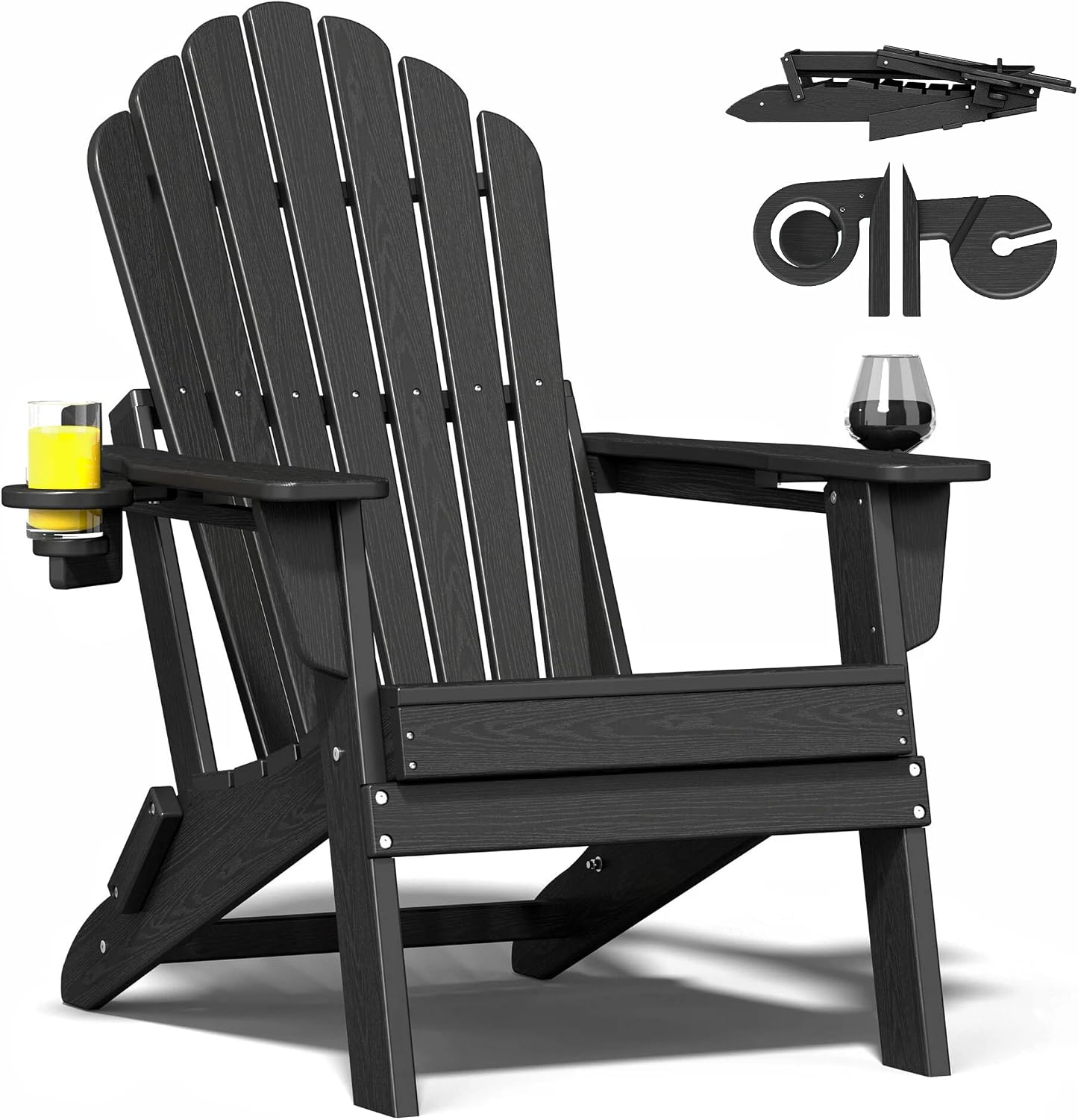 HDPE Folding Adirondack Chair with Dual Cup Holders, Black | Ergonomic High Back HDPE Fire Pit Chair, 380lbs Capacity All-Weather Outdoor Patio Lounge Chair for Garden, Deck, Yard