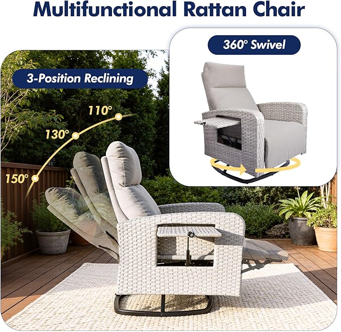Outdoor Recliner Chair, Wicker Patio Recliners with Adjustable Backrest and Extended Foot Rest, Reclining Patio Chairs with Flip Table & Removable Cushion Cover for Porch