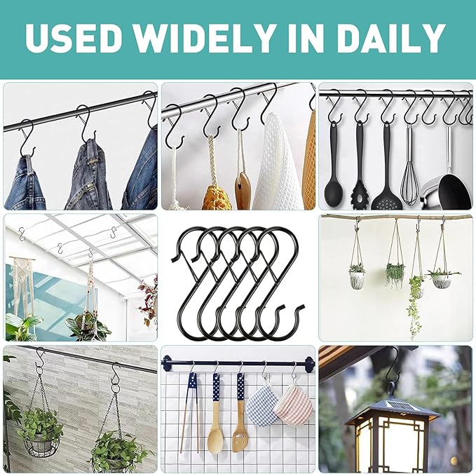 100 Pcs S Hooks for Hanging Heavy Duty, 3.5-inch Heavy Duty Metal S Hook with Safety Buckle, Suitable for 0.5 inch Rods, S Hook for Hanging Plants, Closet, Kitchen Utensil, Pot, Pan, Bags