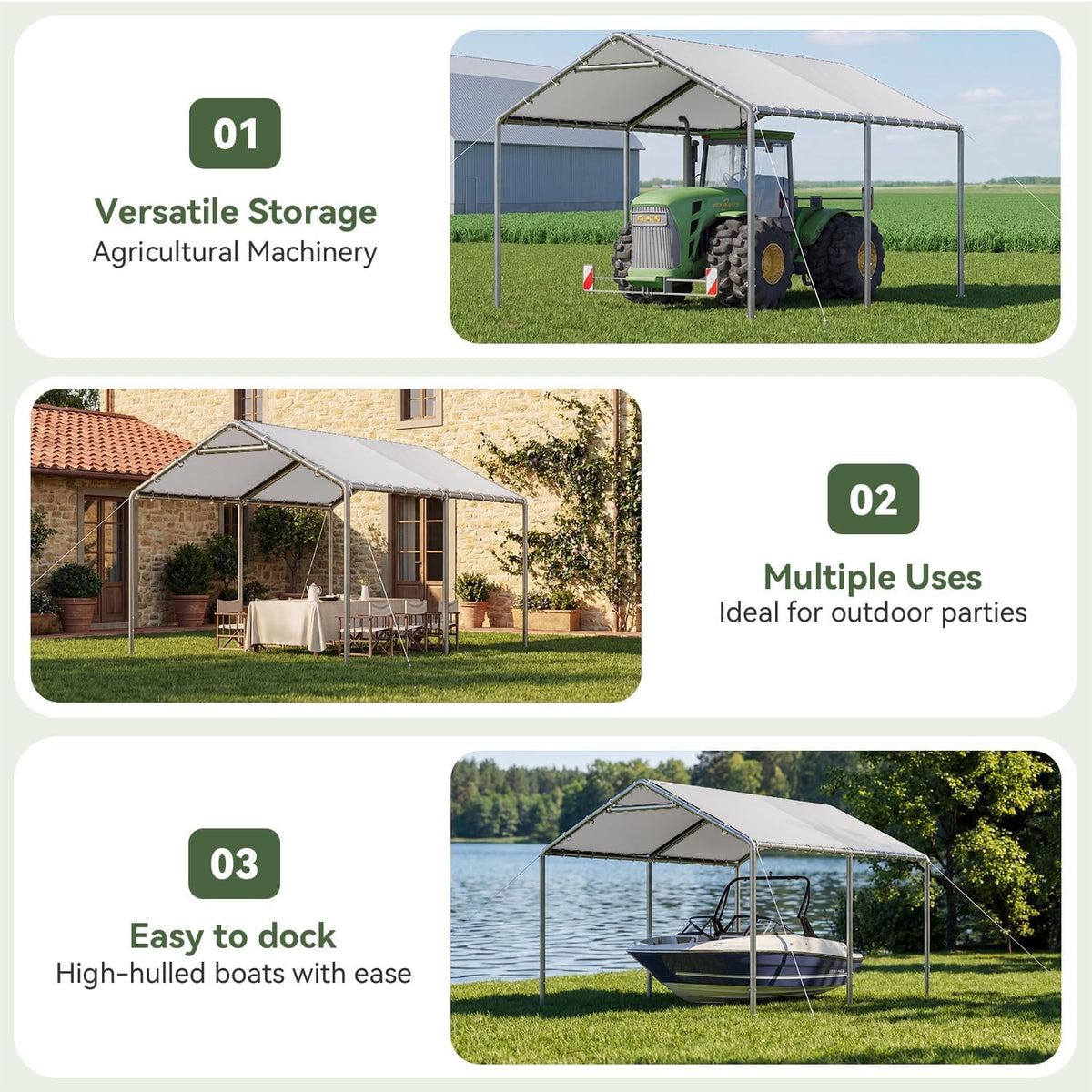 aoxun 10x15 carport heavy duty carport potable car showing dimensions
