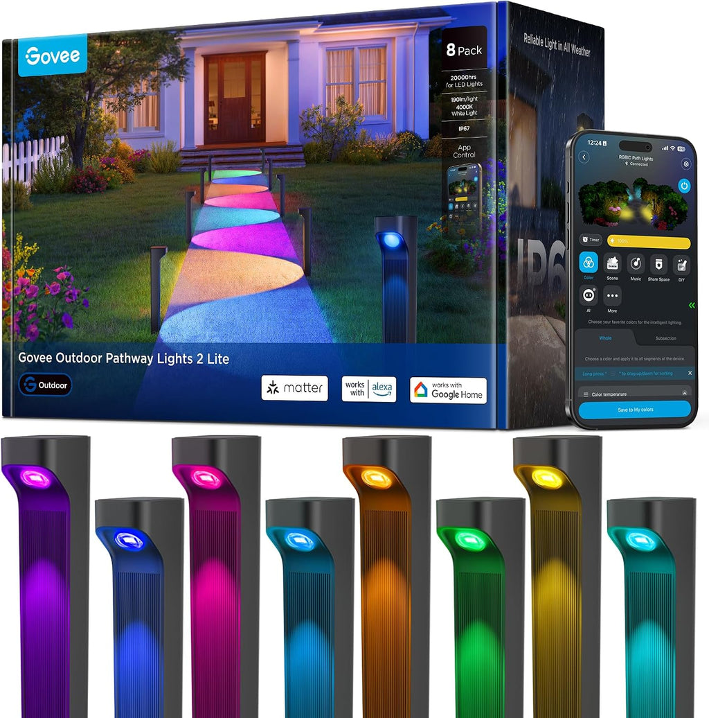 Govee Outdoor Pathway Lights 2 Lite, 8 Pack, 190 Lumens, IP67 Waterproof | 16 Million Colors, 60+ Scene Modes, for Path, Landscape Lighting, Outdoor, Compatible with Alexa, Google Assistant, Matter